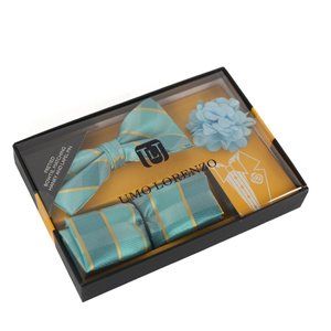 Pretied teal bowtie, matching hanky and baby blue lapel pin
